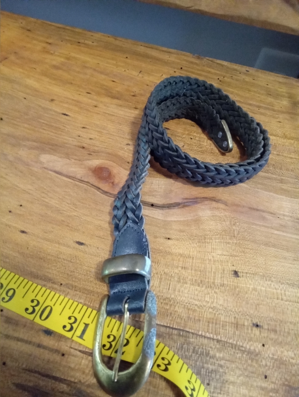 Vintage Argentina Aimee Lynn Woven/Braided Black Leather Belt Brass Buckle M/L